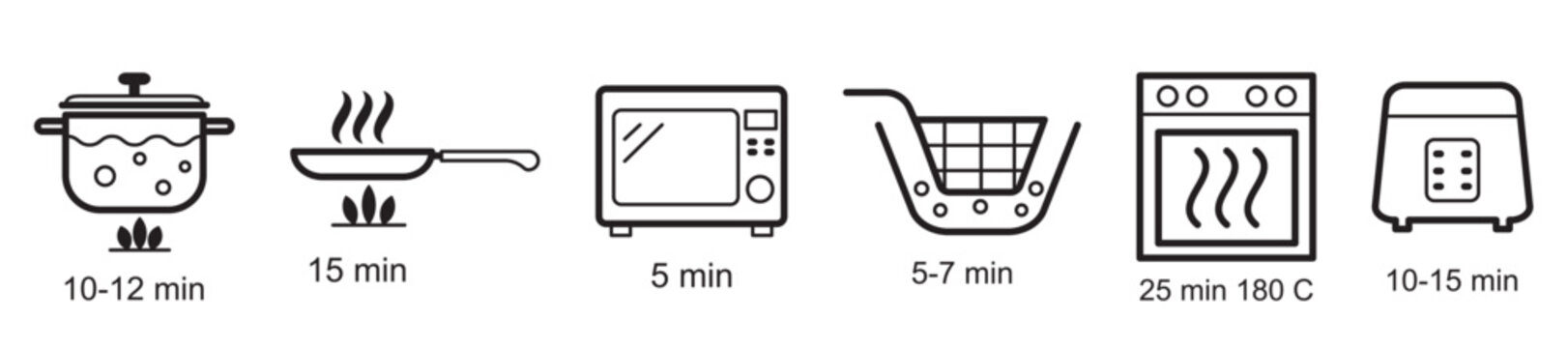 Kitchen appliance symbols linear icons with temperature and timer for food preparation. Includes oven, frying pan, slow cooker, pot, deep fryer, and microwave. Editable stroke.