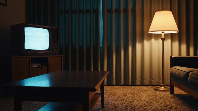 Vintage living room with retro tv and cozy lamp in dimmed atmosphere