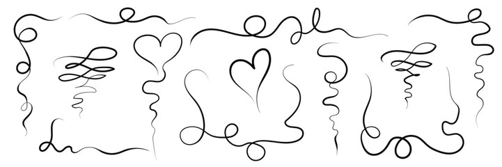 Swirls, looping threads, vector lines. Wavy lines with smooth curves. Curved line drawn by hand in black ink. Frame or border for decoration and Valentines day. Vector illustration.