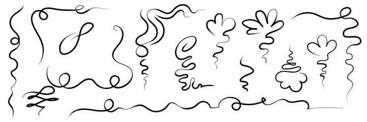 Swirls, looping threads, vector lines. Wavy lines with smooth curves. Curved line drawn by hand in black ink. Frame or border for decoration. Vector illustration.