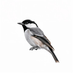 Full-body portrait of a Black-capped Chickadee with its iconic black cap and white cheeks, perched mid-air against a clean white background