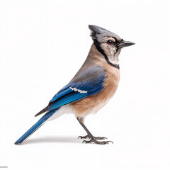Full-body portrait of a vibrant Blue Jay with striking blue wings and crest, standing isolated on white background