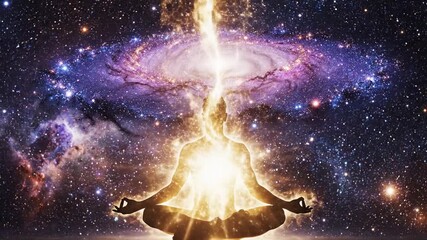 Person meditating in cosmic galaxy, finding inner peace and enlightenment