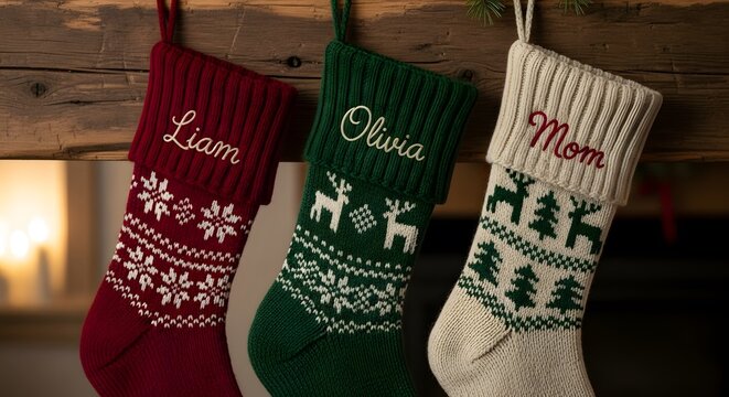 Festive personalized Christmas stockings hanging on a rustic wooden mantel, ready for holiday surprises.