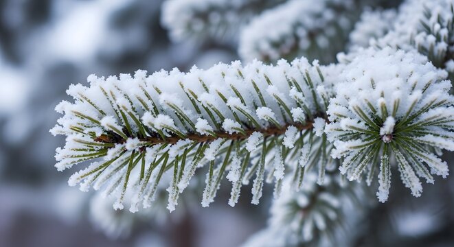 A close-up of a pine branch laden with a pristine layer of frost, capturing winter's delicate beauty. - Powered by Adobe