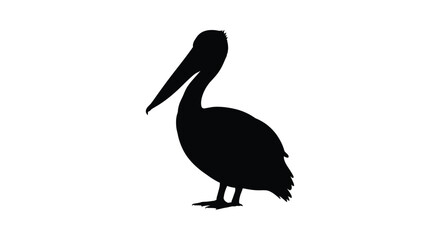 A simple black silhouette of a pelican standing in profile view