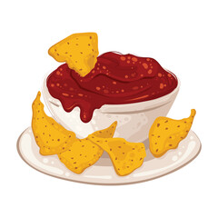Nachos with spicy salsa, tomato sauce and chili pepper in a bowl. Quick crispy snack of traditional Mexican cuisine. Vector image for snack packaging, fast food, menu, decor, design and banners.