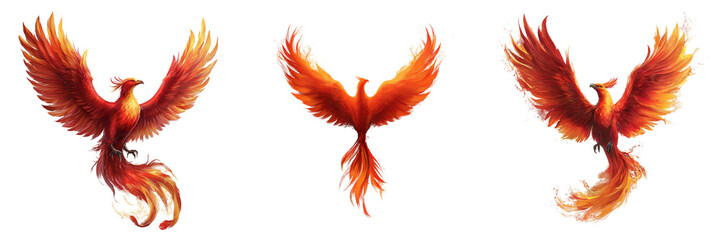 Fototapeta premium Set of A majestic phoenix bird spreading its fiery wings on transparent png background. Ai generated
