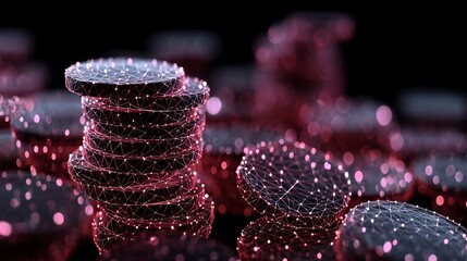 Dynamic digital currency stacks glow with futuristic network connections, symbolizing modern finance and blockchain growth