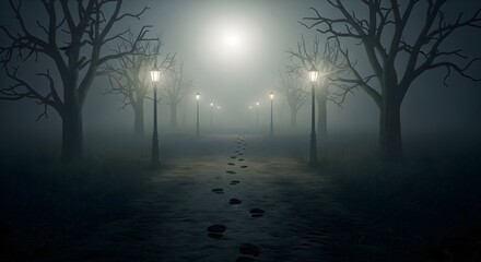 Naklejka premium Eerie footprints lead into the foggy unknown along a dark path lined with vintage street lamps and looming trees, perfect for Halloween backgrounds or suspenseful storytelling