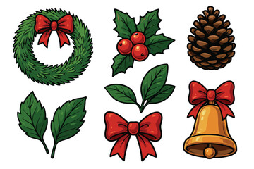 Obraz premium Holiday wreaths and pine cones for festive cheer. Set of 6 Christmas vector illustration