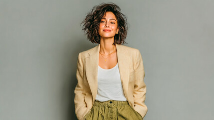 Latina woman with short dark wavy hair wearing a cream blazer white top and olive green pants against gray background