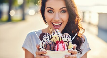 Young woman smiling while holding a large ice cream sundae outdoors  