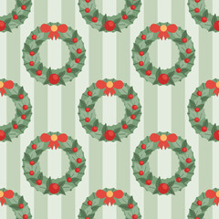Seamless pattern with festive Christmas Wreaths on striped background. Winter festive background.