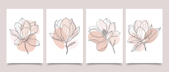 Set of hand drawn botanical art posters with magnolia. Set of card with magnolia flowers on pastel backgrounds.