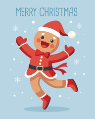 Christmas greeting card with gingerbread man in santa outfit. Christmas holiday card with festive character.
