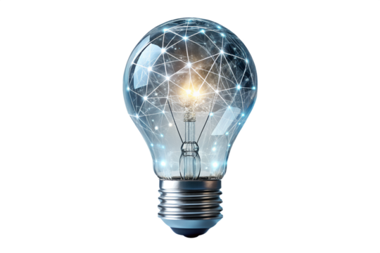 Light bulb with glowing network inside isolated on transparent background represents innovation