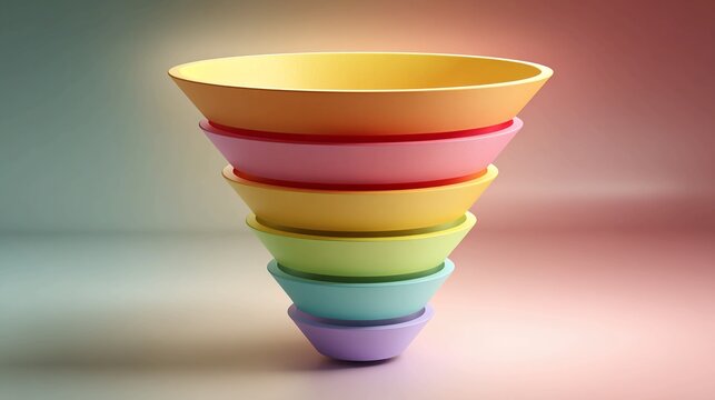 Visually compelling stacked funnel chart in vibrant pastel colors, representing business process flow and data analysis