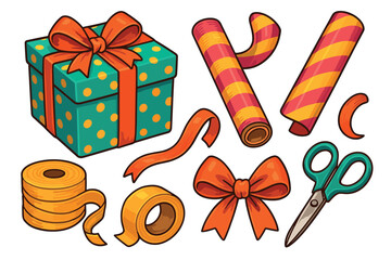 Gift wrapping elements for creative celebrations and events. Set of 6 Christmas vector illustration
