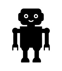 Simple Black Robot Silhouette With Round Eyes and Smiling Mouth on White Backdrop