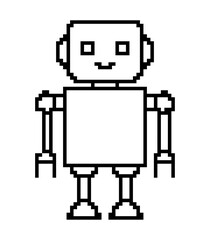 Simple Pixelated Robot Character with Square Body and Antenna on White Background