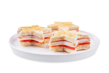 Ham tomato and cheese canape sandwiches in the form of star for Christmas holidays on a white isolated background