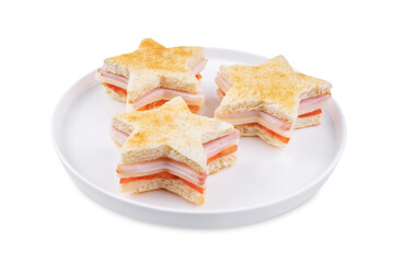 Ham tomato and cheese canape sandwiches in the form of star for Christmas holidays on a white isolated background