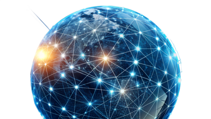 Global network connection concept showing the earth with interconnected nodes isolated on transparent background