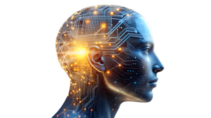 Artificial intelligence concept showing a human head with circuit board isolated on transparent background