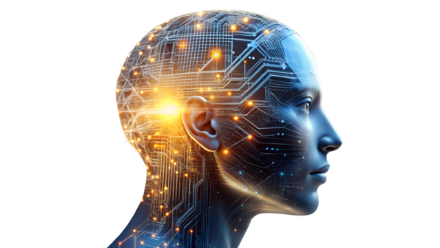 Artificial intelligence concept showing a human head with circuit board isolated on transparent background