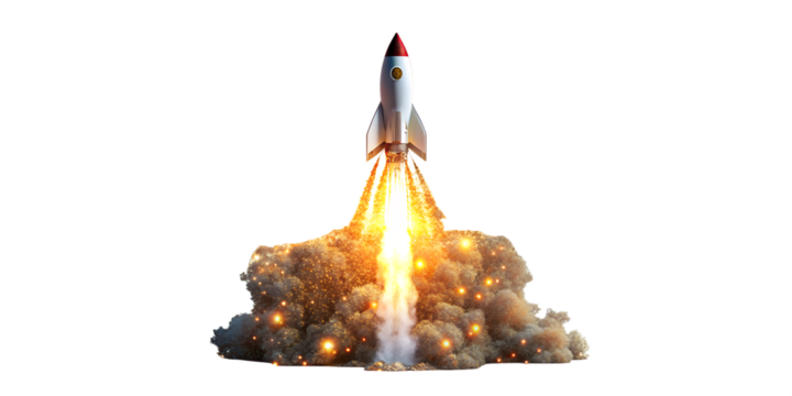 Rocket launch with smoke and fire isolated on transparent background, symbolizing business startup