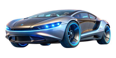 Futuristic concept car with blue neon lights isolated on transparent background, a sleek design