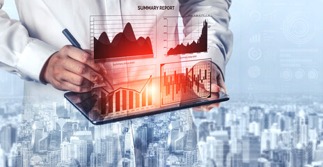 A businessman examines digital charts and graphs on a tablet, representing data analysis, trends, and summaries in a modern city environment. Impute
