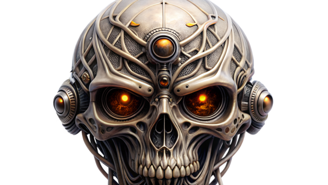 Intricate steampunk skull with glowing eyes, detailed metalwork, and a futuristic design isolated on transparent background
