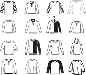 Collection of hand drawn sketches of various long sleeve tops and sweaters for women and children