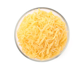 Grated cheese in bowl isolated on white, top view