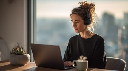 Fototapeta premium Young woman wearing headphones and working on laptop in sunlit home office with city view
