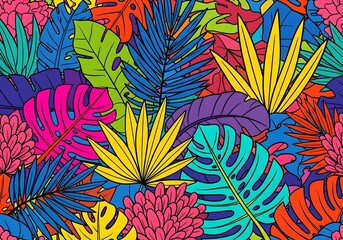 Vibrant tropical foliage pattern for striking summer designs and bold, colorful botanical backgrounds perfect for eye catching projects