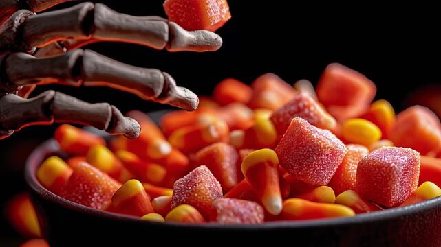 Skeleton hand reaching into a bowl filled with vibrant Halloween candy corn, showcasing a spooky atmosphere with a gradual zoom in on the colorful treats