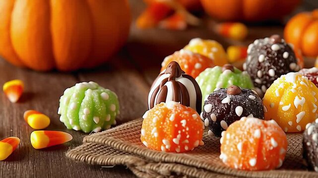 Colorful Halloween candy corn assortment displayed on rustic burlap, with camera dolly movement showcasing vibrant textures and festive atmosphere
