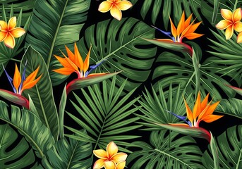 Vibrant tropical foliage and birds of paradise creates a lush paradise pattern perfect for textiles, wallpaper, and exotic backgrounds