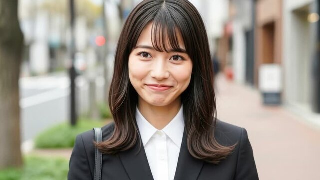 屋外でうつむき、優しく微笑むスーツ姿の女性