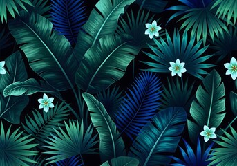 Stunning tropical foliage pattern with deep teal leaves and delicate white flowers offers a vibrant, modern, and elegant botanical design