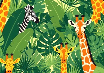 Vibrant jungle scene with giraffes, zebra and lush green foliage, perfect for childcare’s books, playful wall art or creative design projects