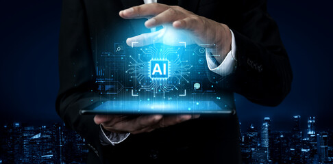 A futuristic AI core processor and system analytics dashboard. This concept highlights the raw processing power of AI for deep data analysis, system diagnostics, and global network monitoring. Fermion