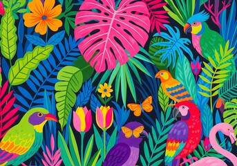 Vibrant tropical foliage with colorful birds and butterflies for a lively summer feel, perfect for fashion textiles or a fun party backdrop