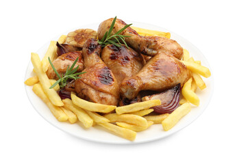 Grilled chicken drumsticks with french fries and spices isolated on white