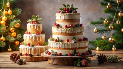 Festive cakes decorated with Christmas details and lights sweet dessert composition representing joy holiday spirit and winter celebration perfect for seasonal design and greeting cards