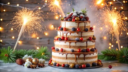 Christmas dessert table with decorated cakes glowing lights pine cones and ornaments creating cozy winter atmosphere full of sweetness happiness and festive charm