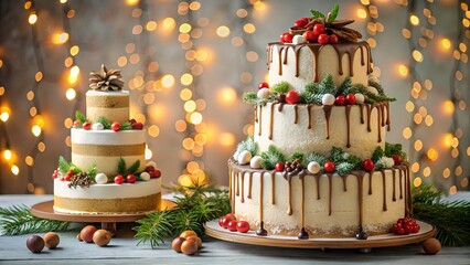 Delicious holiday cakes decorated for Christmas with berries frosting and festive ornaments creating cozy winter mood symbolizing joy sweetness and celebration of New Year